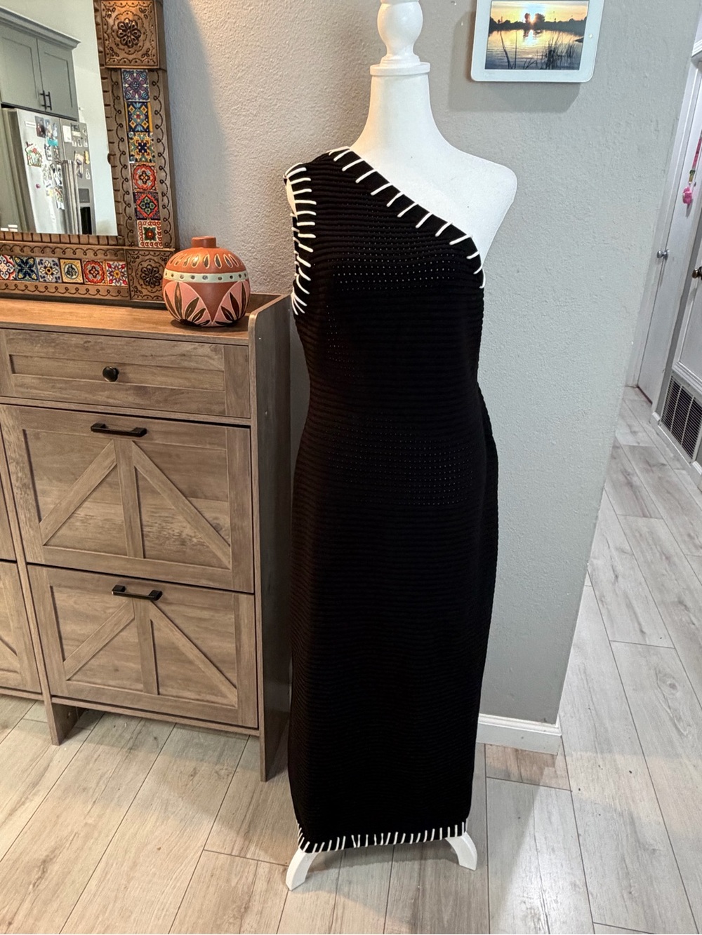 Commense One-Shoulder Black Knit Dress with White Stitching